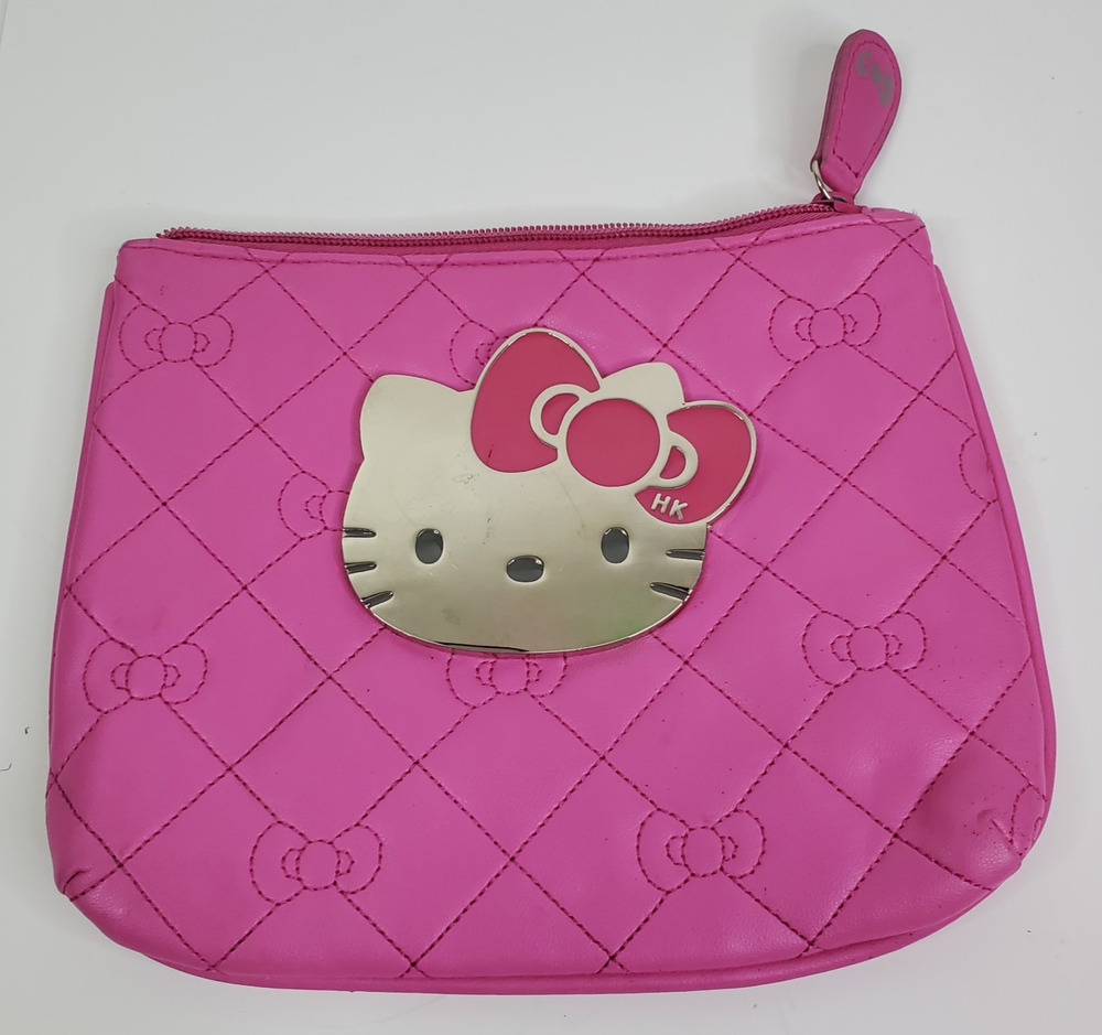Sanrio Hello Kitty PINK Cosmetic Metal emble Pouch Bag Purse zip Closure Clutch